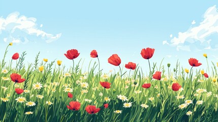 Naklejka premium Vibrant Spring Field with Red Poppies, Yellow Daisies, and Lush Green Grass Under a Blue Sky