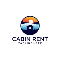 Logo design template for cabin house rental with forest and fishing house. cabin house logo construction. Mountain house logo template Vector illustration
