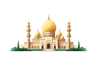 Fototapeta premium Grand Mosque Illustration Islamic Architecture, Golden Dome, Minarets, Pillars