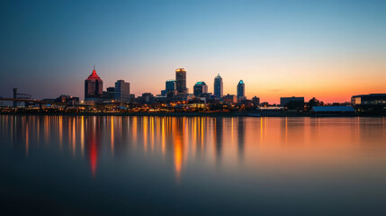 Fototapeta premium stunning skyline at dusk with vibrant city lights reflecting on water