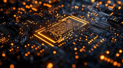 Obraz premium Search AI with a futuristic chip and online programming represents internet browsing and information with sign lights, machine learning, big data algorithms, and tech advancements