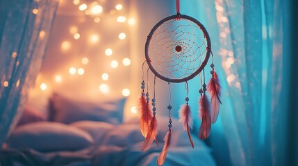 A whimsical photo of a custom-made dreamcatcher hanging in a bohemian-style bedroom, with soft lighting and pastel colors 