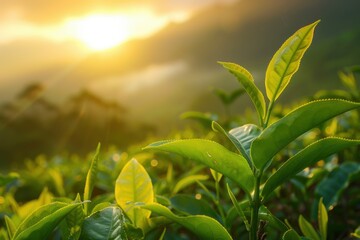 Obraz premium Tea plantations in Munnar India with close up of fresh tea leaves at sunrise