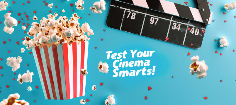 Movie Trivia App Promotion with Animated Popcorn and Clapperboard Design