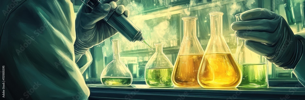 Poster A laboratory scene showing scientists conducting experiments with colorful liquids in flasks.