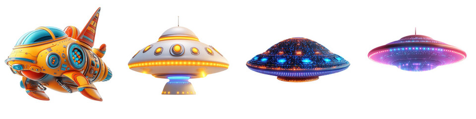 A Set of Elegant Alien Spaceships with Futuristic Design and Vibrant Colors Isolated on Transparent Background