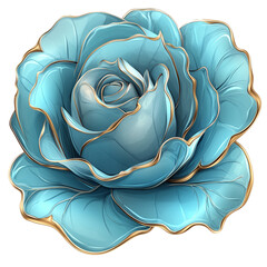 Turquoise and gold rose 3D render isolated on transparent background