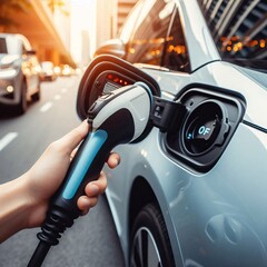 Naklejka premium Closeup future EV charger handle plugged in or connect to electric car, concept image