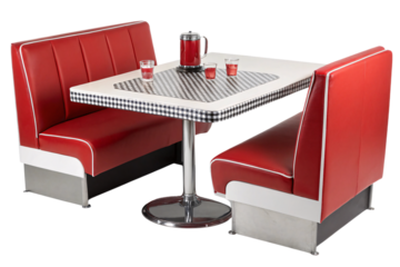 A classic diner booth with vibrant red seats and a white table, adorned with a coffee pot and glasses, radiating vintage charm, isolated on a transparent background