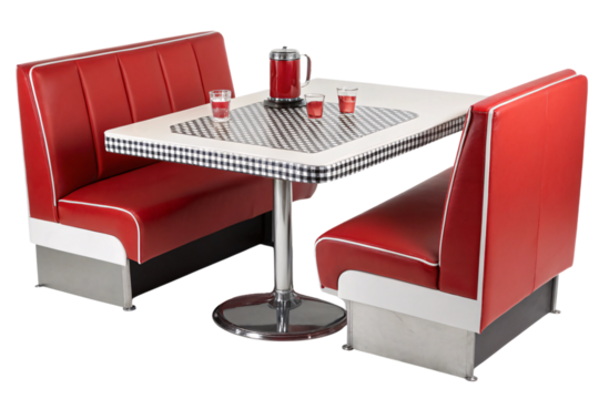 A classic diner booth with vibrant red seats and a white table, adorned with a coffee pot and glasses, radiating vintage charm, isolated on a transparent background