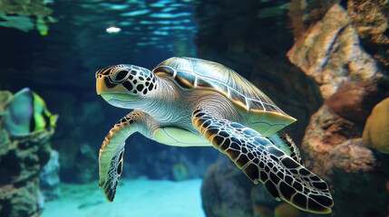 Obraz premium Vibrant underwater life thrives in harmony as a turtle glides gracefully among colorful coral reefs, highlighting the importance of ocean conservation and environmental sustainability