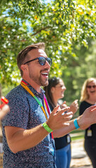 Fototapeta premium Vibrant Company Retreat: Team Building and Outdoor Games in a Scenic Setting