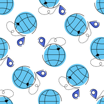 Vector seamless pattern featuring blue globes with location pins and dotted delivery paths. Perfect for supply chain, logistics, global shipping, and delivery-themed designs.