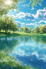 Fototapeta premium Serene Spring Lakeside Scenery with Reflection for Natural Background Design
