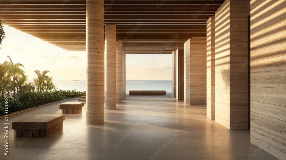 Poster A serene architectural space with columns, natural light, and a view of the ocean.