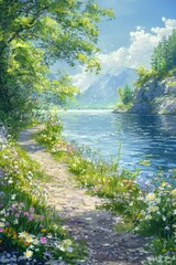 Tranquil Riverside Path in Lush Spring Setting for Serene Nature Background
