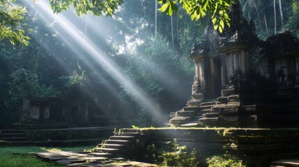 Obraz premium Temple hidden within a dense forest, with sunlight filtering through the leaves