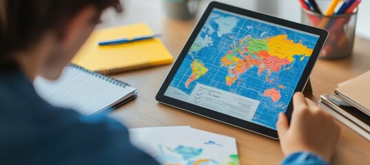 Professional E-Learning Setup with Geography Quiz on Tablet and Interactive Map Design for Study