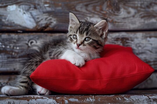 Tiny cat with crimson cushion
