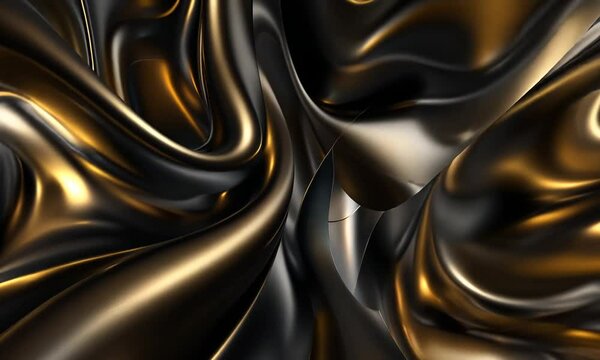 Mouvements fluides de textures m&eacute;talliques noires et dor&eacute;es entrem&ecirc;l&eacute;es, composition abstraite brillante en noir et or, effet liquide tourbillonnant et reflets m&eacute;talliques dynamiques