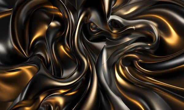 Mouvements fluides de textures m&eacute;talliques noires et dor&eacute;es entrem&ecirc;l&eacute;es, composition abstraite brillante en noir et or, effet liquide tourbillonnant et reflets m&eacute;talliques dynamiques