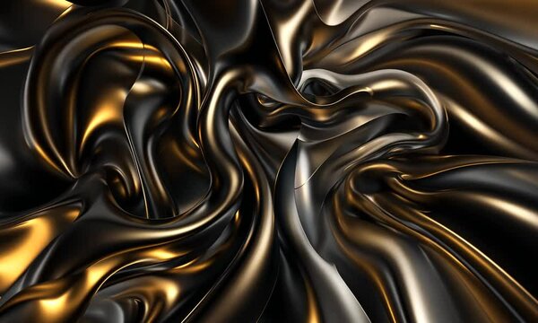 Mouvements fluides de textures m&eacute;talliques noires et dor&eacute;es entrem&ecirc;l&eacute;es, composition abstraite brillante en noir et or, effet liquide tourbillonnant et reflets m&eacute;talliques dynamiques