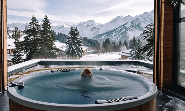 Femme plongeant la t&ecirc;te dans l'eau chaude d'un jacuzzi ext&eacute;rieur avec vue sur les montagnes enneig&eacute;es, ambiance relaxante et hivernale en station de ski dans les Alpes.