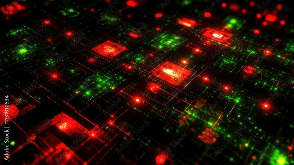 Aufkleber Abstract digital landscape featuring glowing red and green circuits and nodes.