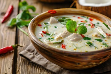 Tom Kha Gai Thai coconut soup with chicken on wooden table