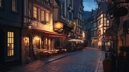 Quaint European Street Scene at Night: Old Buildings with Restaurant Facades and Warm Street Lighting