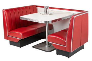 Red vinyl seats frame a polished white table with chrome details, reminiscent of a 1950s American diner, clean and inviting, isolated on a transparent background