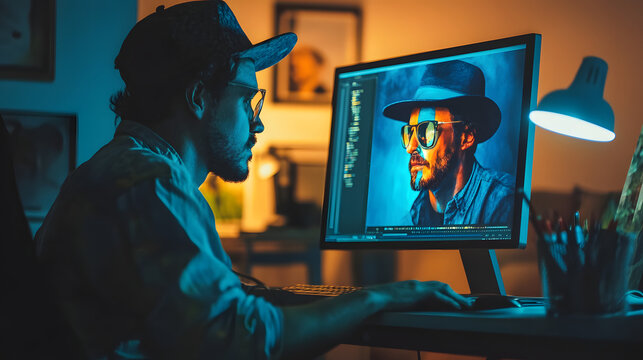 A male graphic designer edits a vibrant portrait on his computer late at night. The image on the screen is bold and colorful, mirroring the warm and cool lighting of his workspace.