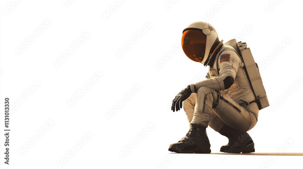 Aufkleber A crouching astronaut in a spacesuit against a white background, symbolizing exploration.