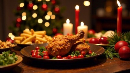 Christmas table with bokeh candles and crispy chicken.