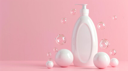 A white shampoo bottle with bubbles and a soft, clean pink background designed to highlight beauty, wellness, and skincare essentials for a refreshing and moisturizing haircare experience.