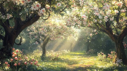 Springtime Orchard with Blooming Fruit Trees and Sunlight for Posters or Prints