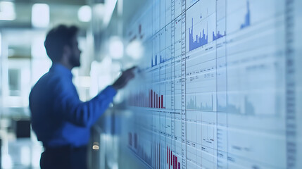 Blurred businessman interacts with a large digital screen displaying various charts and graphs.  The focus is on the data visualization, suggesting business analytics or market analysis.