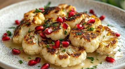 Fototapeta premium Warm Grilled Cauliflower Steaks Tahini Sauce & Pomegranate Bliss