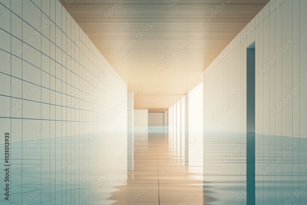 Poster a flooded corridor with reflective surfaces and a serene atmosphere.
