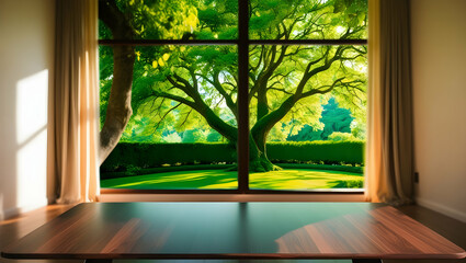Fototapeta premium Empty wood table top and blurred of interior room with window view from green tree garden background background - can used for display or montage your products.
