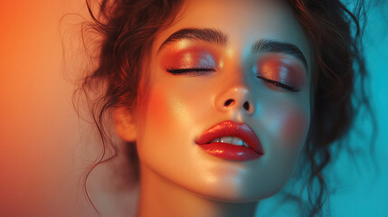 Obraz premium Beautiful model with glowing makeup under dramatic lighting at an indoor setting. Generative AI