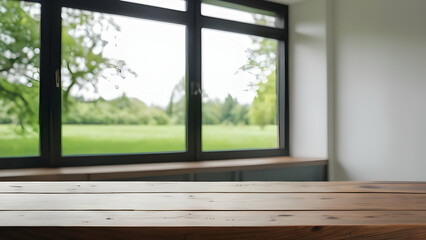 Fototapeta premium Empty wood table top and blurred of interior room with window view from green tree garden background background - can used for display or montage your products.