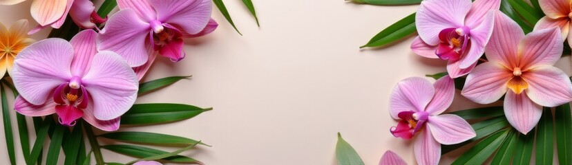 Obraz premium Tropical orchids, monstera, and palm leaves arranged in flat lay