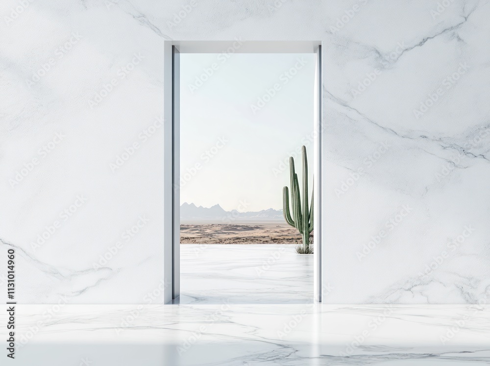 Poster a minimalist scene featuring a doorway with a view of a cactus landscape.