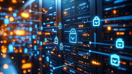 Obraz premium Futuristic server room with glowing data and security icons.