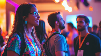 Vibrant Tech Startup Gathering with Bold Lanyards and Creative Badge Designs