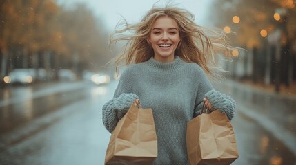 A woman in a green sweater humorously runs towards the camera, holding paper grocery bags with a joyful expression amidst a rainy backdrop