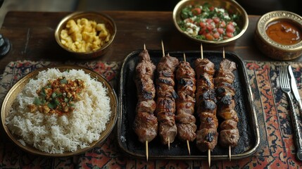 Savoring Charcoal-Grilled Lamb Kebabs Middle Eastern Spice Market Culinary Delight Traditional Setting Gourmet Experience