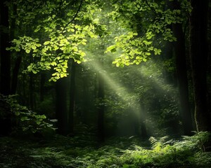 Obraz premium Sunbeams breaking through forest canopy, wildlife roaming in a quiet natural setting