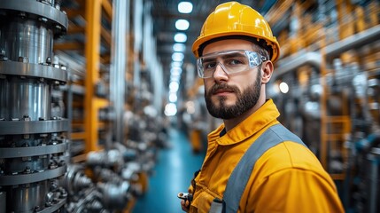 In a heavy industry engineering factory, a worker is using an angle grinder to cut a metal tube, focusing on precision and safety